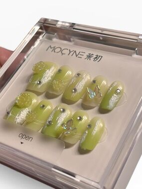 Yellow Green 3D Rose and Butterfly Press-On Nails